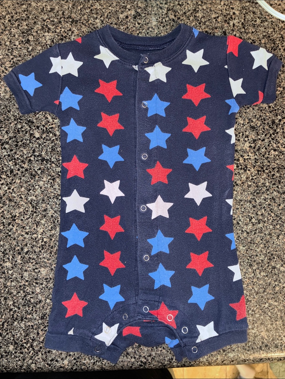 Navy Star Snap-Front Baby Romper - Red, Blue, White Stars. Fourth of July
